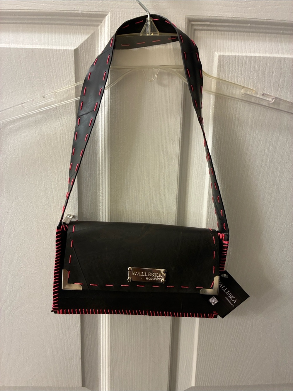 Walleska Black Shoulder Bag with Pink Stitching made from recycled tire tubes